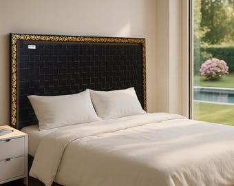 Unique Handcrafted Leather Headboard with Teak Frame & Gold Ivy Carvings
