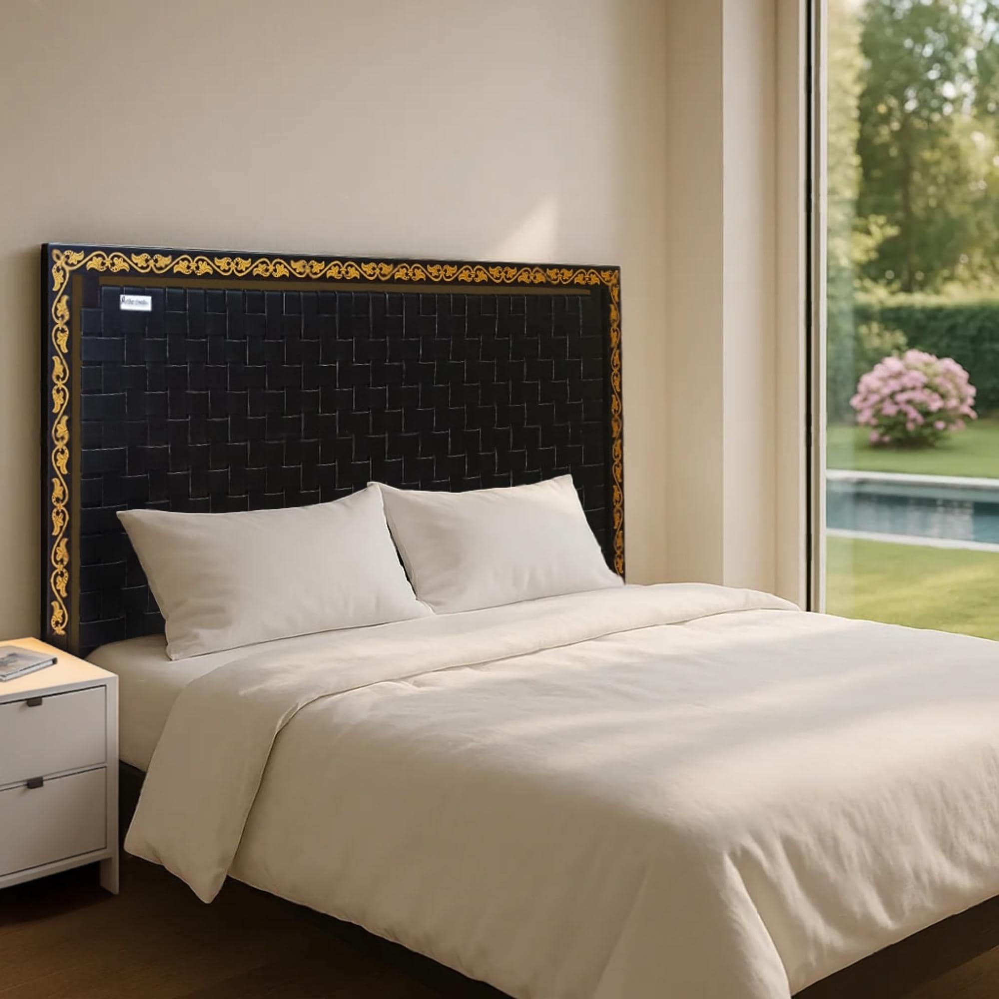 Unique Handcrafted Leather Headboard with Teak Frame & Gold Ivy Carvings