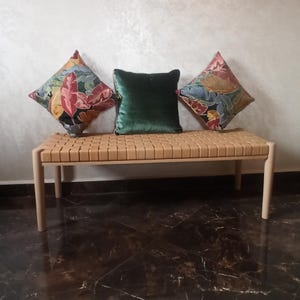 Handmade Teak Entryway Bench: Woven Beige Leather, Mid-Century Modern