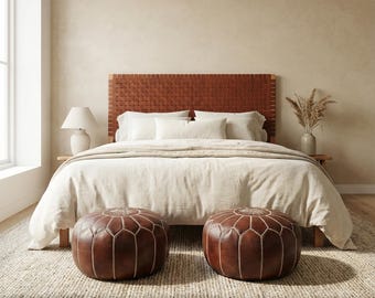 Leather Headboard & Free 2 Poufs Ottoman Bundle | for Queen, King, California king Bed | Handcrafted Bedroom Furniture Set