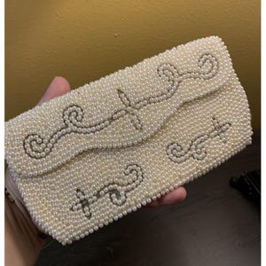 Vintage Beaded Faux Pearl Design Clutch Evening Bag Purse Made In Japan