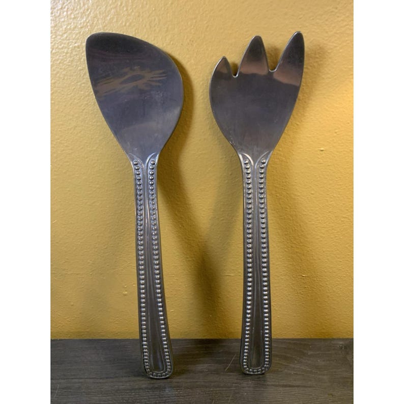Wilton Armetale "Flutes and Pearls" Large Salad Serving Fork & Spoon Silver image 2