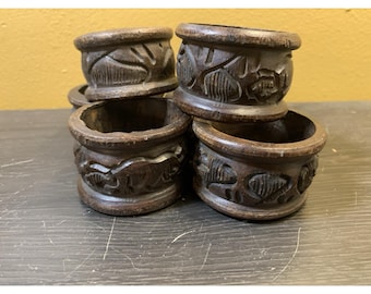 Vintage Kitchen Hand Carved Wooden Napkin Ring Holder Lot Of 6 Various Patterns