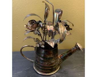 Vintage Copper Music Box Watering Can, Flowers Spinning, Works!