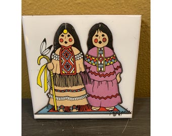 Native American Tile Cleo Teissedre Signed STORYTELLER Art South West 1991 Art