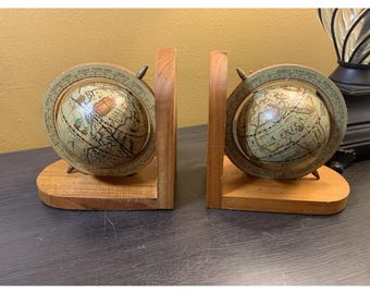 Vintage Wooden Globe Bookends Made in Italy 6" Earth Rustic Academia