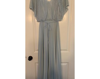 Vintage Blue 70s Maxi Dress Lace Overlay Flutter Wedding Ruffled Women's 10