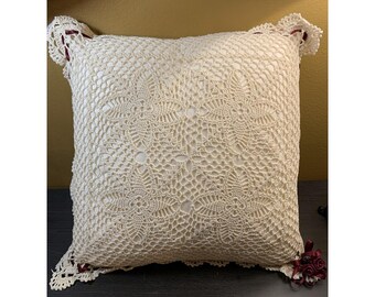 Vintage Crochet Rose White Throw Pillow 12" X 12" Cottage Core Victorian