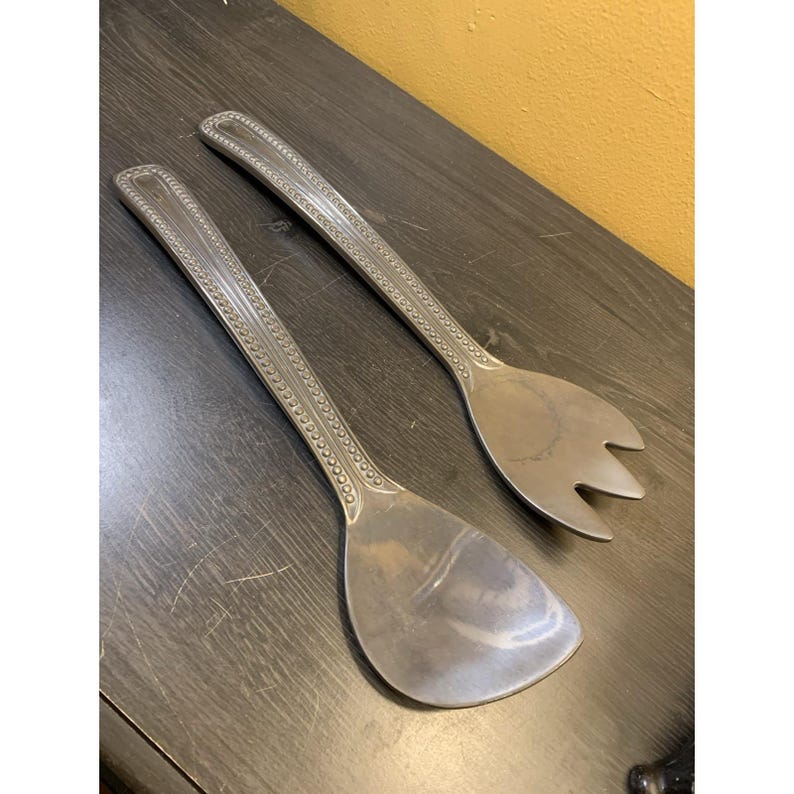 Wilton Armetale "Flutes and Pearls" Large Salad Serving Fork & Spoon Silver image 1