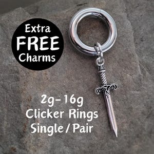 Pair or Single Sword Knife Dagger Clicker Ring Hanging Charm 2g 4g 6g 8g 10g 12g 14g 16g punk Hoop Gauges Earring piercing ear silver plugs