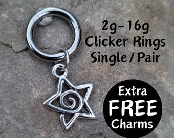 Pair or Single Goth Swirl Star Clicker Ring Hoop 2g 4g 6g 8g 10g 12g 14g 16g punk Gauges Earring piercing ear silver plugs charm hanger