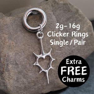 Silver Spike Heart Clicker Ring with charm Hoop Gauges Big 2g 4g 6g 8g 10g 12g 14g 16g Pair Single punk Earrings piercing ear plugs hanger