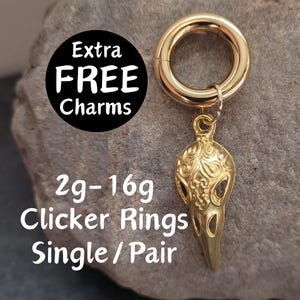 Gold Bird Skull Clicker Ring Hoop Gauges 2g 4g 6g 8g 10g 12g 14g 16g Pair or Single punk Earrings piercing ear plugs charm crow women raven