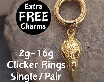 Gold Stretched Ear Plugs Raven Bird Skull Clicker Hoop, 2g–16g Goth Dangle Jewelry