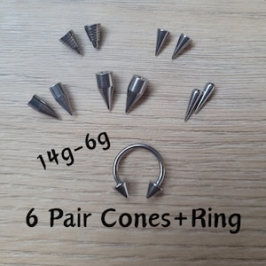 6 Pair Spikes for Horseshoe Septum Ring Gauges Plugs Long Cone Silver Earrings piercing ear 14g 12g 10g 8g 6g replacement balls set nose