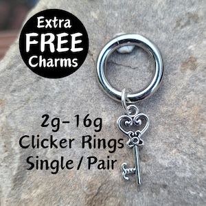 Key Charm Silver Clicker Ring Hoop 2g 4g 6g 8g 10g 12g 14g 16g Pair or Single punk Gauges Earrings piercing ear plugs hanger dark academia