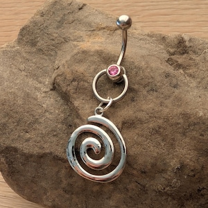 Gothic Silver Spiral Pink Gem Belly Button Ring Dangle with Charm 14g 11mm 7/16 Navel Piercing Alt grunge big statement unique Jewelry