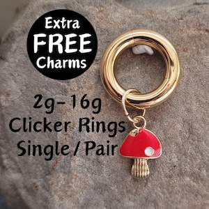 Pair or Single Gold Red Mushroom Clicker Ring Hoop Gauges Big 2g 4g 6g 8g 10g 12g 14g 16g Earrings piercing ear plugs tiny women cute dainty