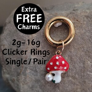 Pair or Single Gold Red Pearl Mushroom Clicker Ring Hoop Gauges Big 2g 4g 6g 8g 10g 12g 14g 16g Earrings piercing ear plugs green women cute