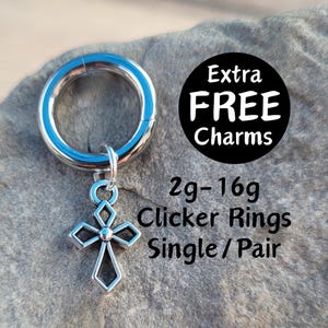 Pair or Single Goth Cross Clicker Ring Hoop 2g 4g 6g 8g 10g 12g 14g 16g Goth punk Gauges Earring piercing ear silver plugs charm hanger alt