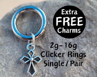 Gauge Earrings with Silver Gothic Cross Charm, 2g–16g Punk Clicker Hoops