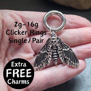 Pair or Single Goth Death Moth Clicker Ring Hoop 2g 4g 6g 8g 10g 12g 14g 16g punk Gauges Earring piercing ear silver plugs charm hanger men