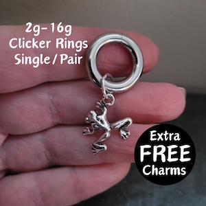 Pair or Single Frog Charm Clicker Ring Hoop 2g 4g 6g 8g 10g 12g 14g 16g Gauges Earring piercing ear silver plugs hanger cute fantasy animal