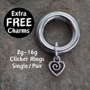 Silver Tiny Heart Clicker Ring with charm Hoop Gauges Big 2g 4g 6g 8g 10g 12g 14g 16g Pair Single punk Earrings piercing ear plugs women alt