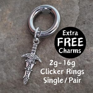 Pair or Single Dagger Sword Knife  Clicker Ring Hanging Charm 2g 4g 6g 8g 10g 12g 14g 16g punk Hoop Gauges Earring piercing ear silver plugs