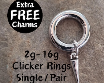 May include: Silver clicker ring with a silver spike charm. The ring is 2g-16g and is available as a single or pair.  Extra free charms are included.