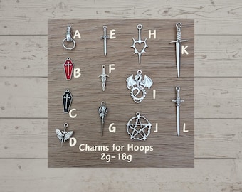 Charms for Clicker Ring Gauges - Fits 2g-18g - Silver Dangle Charms for Hoops Knife Sword Coffin Moth Dragon Pentagram Goth Spike Heart alt