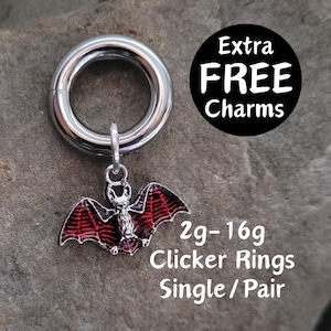 Pair Single Red Bat Clicker Ring Hanging Charm 2g 4g 6g 8g 10g 12g 14g 16g Hoop Gauges Earring piercing ear silver plugs Halloween Valentine