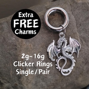 Pair or Single Dragon Clicker Ring Hoop 2g 4g 6g 8g 10g 12g 14g 16g punk Gauges Earring piercing ear silver plugs charm hanger men fantasy
