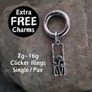 Clicker Ring hanging charm Mushroom Hoop Gauges Big 2g 4g 6g 8g 10g 12g 14g 16g Pair or Single Earrings piercing ear plugs hanger women