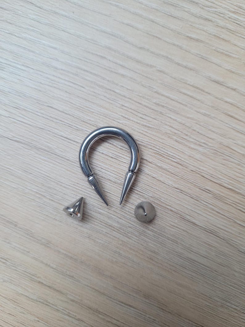 May include: A silver-colored, horseshoe-shaped ear gauge with pointed ends, alongside a matching spike and a small, round backing. The jewelry is designed for stretched ear piercings.