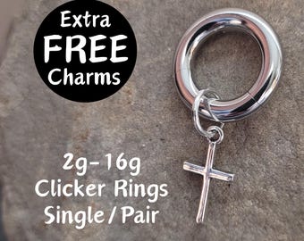 Aro con aro de clicker con dije de cruz, 2 g, 4 g, 6 g, 8 g, 10 g, 12 g, 14 g, 16 g, gótico, punk, colgante, expansor de oreja, plata, para hombres alternativos