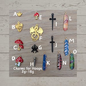 Clicker Hoop Charms for Gauges - Fits 2g-18g - Black Gold Dangle Charm for Hoops Mushroom Dragon Spider Bee Feather Colorful Charms Earrings