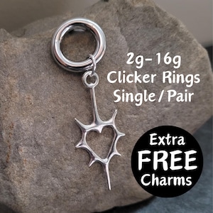 Silver Spike Heart Clicker Ring with charm Hoop Gauges Big 2g 4g 6g 8g 10g 12g 14g 16g Pair Single punk Earrings piercing ear plugs hanger