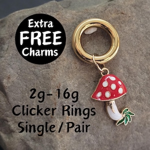 Pair or Single Gold Red Mushroom Clicker Ring Hoop Gauges Big 2g 4g 6g 8g 10g 12g 14g 16g Earrings piercing ear plugs charm green women cute