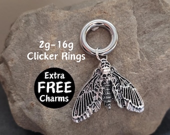 Death Moth Clicker Earrings Dangle – Gothic Surgical Steel Hoops with Removable Charms for Stretched Ears