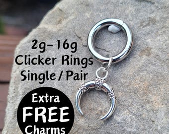 Large Gauge Clicker Ring Gauges Silver Crescent Moon, 2g–16g Goth Dangle Jewelry with Charms