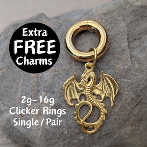 Gold Dragon Clicker Ring Hoop Earrings 2g 4g 6g 8g 10g 12g 14g 16g punk Gauges Plugs piercing ear big charm hanger men fantasy dangle gauges