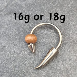 16g 18g Septum Cartilage Horseshoe Silver Wood Bead Spike Cone Ends gauge Hoop Earring piercing ear silver Conch Daith TB502 single pair