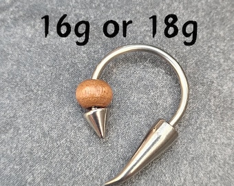16g 18g Septum Cartilage Horseshoe Silver Wood Bead Spike Cone Ends gauge Hoop Earring piercing ear silver Conch Daith TB502 single pair