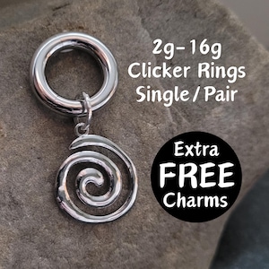 Pair or Single Goth Spiral Swirl Clicker Ring Hanging Charm Hoop 2g 4g 6g 8g 10g 12g 14g 16g punk Gauges Earring piercing ear silver plugs