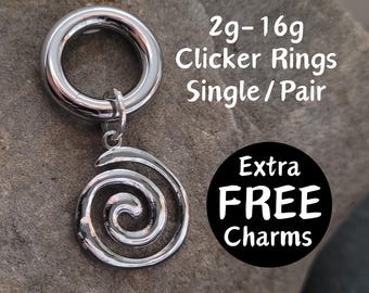 Pair or Single Goth Spiral Swirl Clicker Ring Hanging Charm Hoop 2g 4g 6g 8g 10g 12g 14g 16g punk Gauges Earring piercing ear silver plugs