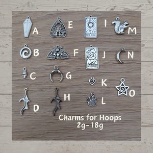 Goth Charms for Clicker Ring Gauges - Fits 2g-18g - Silver Dangle Charm for Hoop Star Mushroom Bat Wing Spiral Paw Print Moon Charms Earring