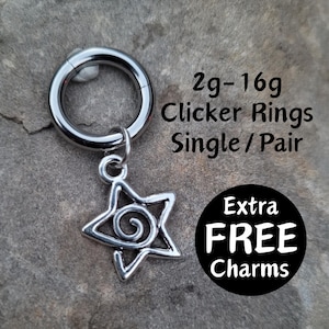 Pair or Single Goth Swirl Star Clicker Ring Hoop 2g 4g 6g 8g 10g 12g 14g 16g punk Gauges Earring piercing ear silver plugs charm hanger