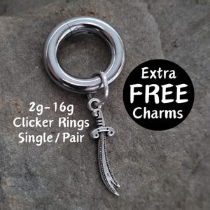 Pair Single Cutlass Dagger Sword Knife Clicker Ring Hanging Charm 2g 4g 6g 8g 10g 12g 14g 16g Hoop Gauges Earring piercing ear silver plugs