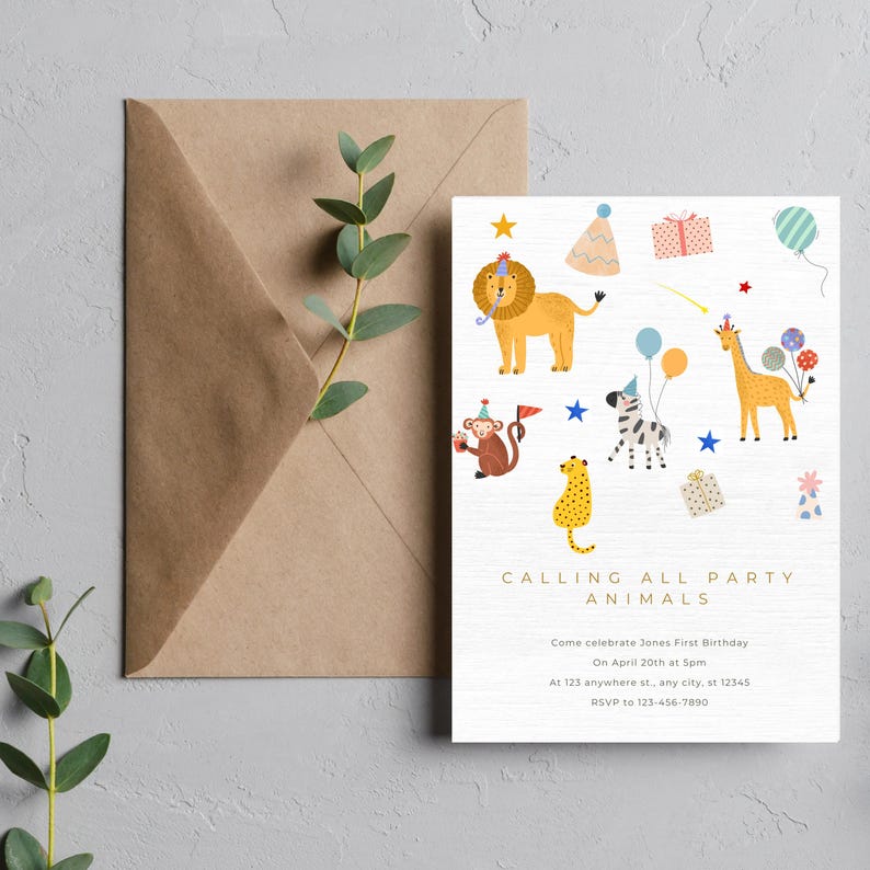 May include: A colourful party invitation with a white background and illustrations of animals, including a lion, zebra, giraffe, monkey, and leopard. The text reads "Calling All Party Animals" and includes details about a birthday party, including the date, time, and location. RSVP information is also included.